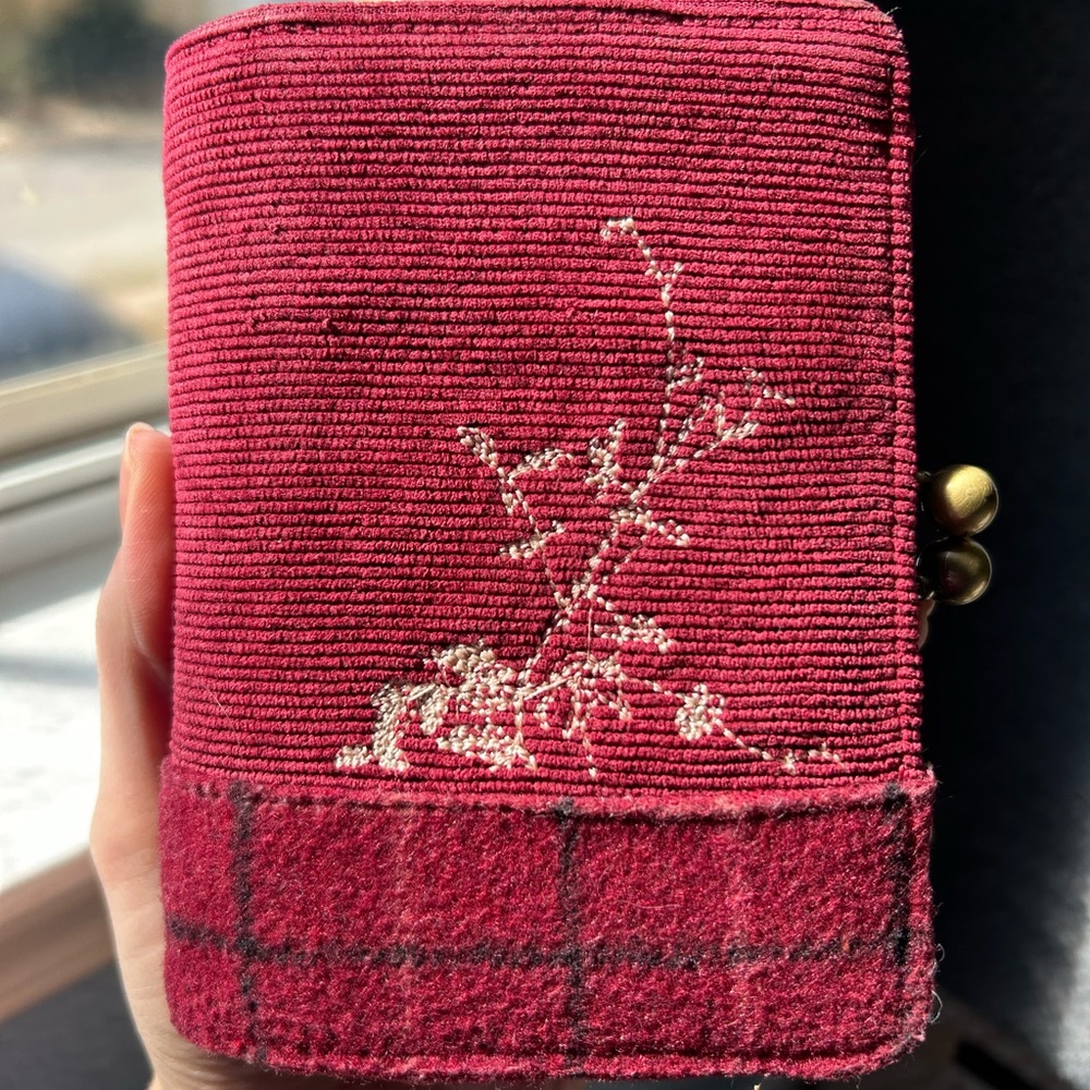 Vendula London Autumn Burgundy Fabric trifold Wallet Bird Patch & coin purse - Picture 3 of 11
